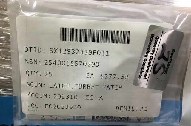 MRAP GENERAL DYNAMICS 1001643 TURRET HATCH LATCH 2540015570290 2540-01-557-0290