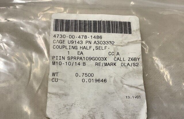 BAE SYSTEMS A303332 SELF-SEALING COUPLING HALF FOR AV-8A/TRV-8A HARRIER AIRCRAFT