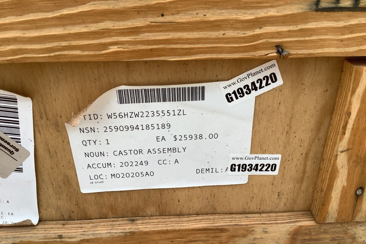 SURPLUS PEARSON ENGINEERING ER8598 CASTOR ASSEMBLY RH W/FRAME 2590-99-418-5189