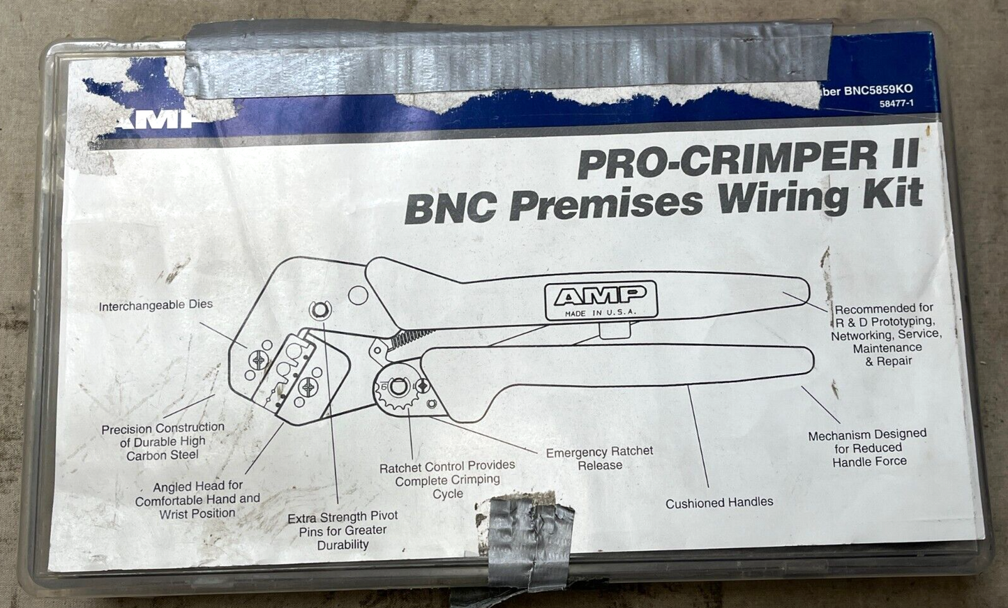 AMP RJ-45 NETWORK CABLE PRO-CRIMPER II BNC PREMISES WIRING KIT TOOL 7" 10mm