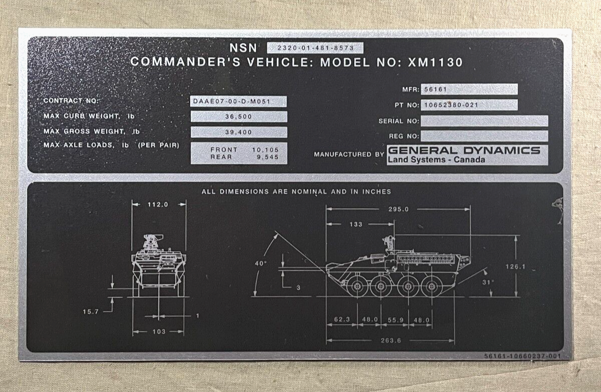 NEW XM1130 GENERAL DYNAMICS 10660237-001 PLATE IDENTIFICATION 9905-20-001-7557
