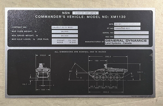 NEW XM1130 GENERAL DYNAMICS 10660237-001 PLATE IDENTIFICATION 9905-20-001-7557