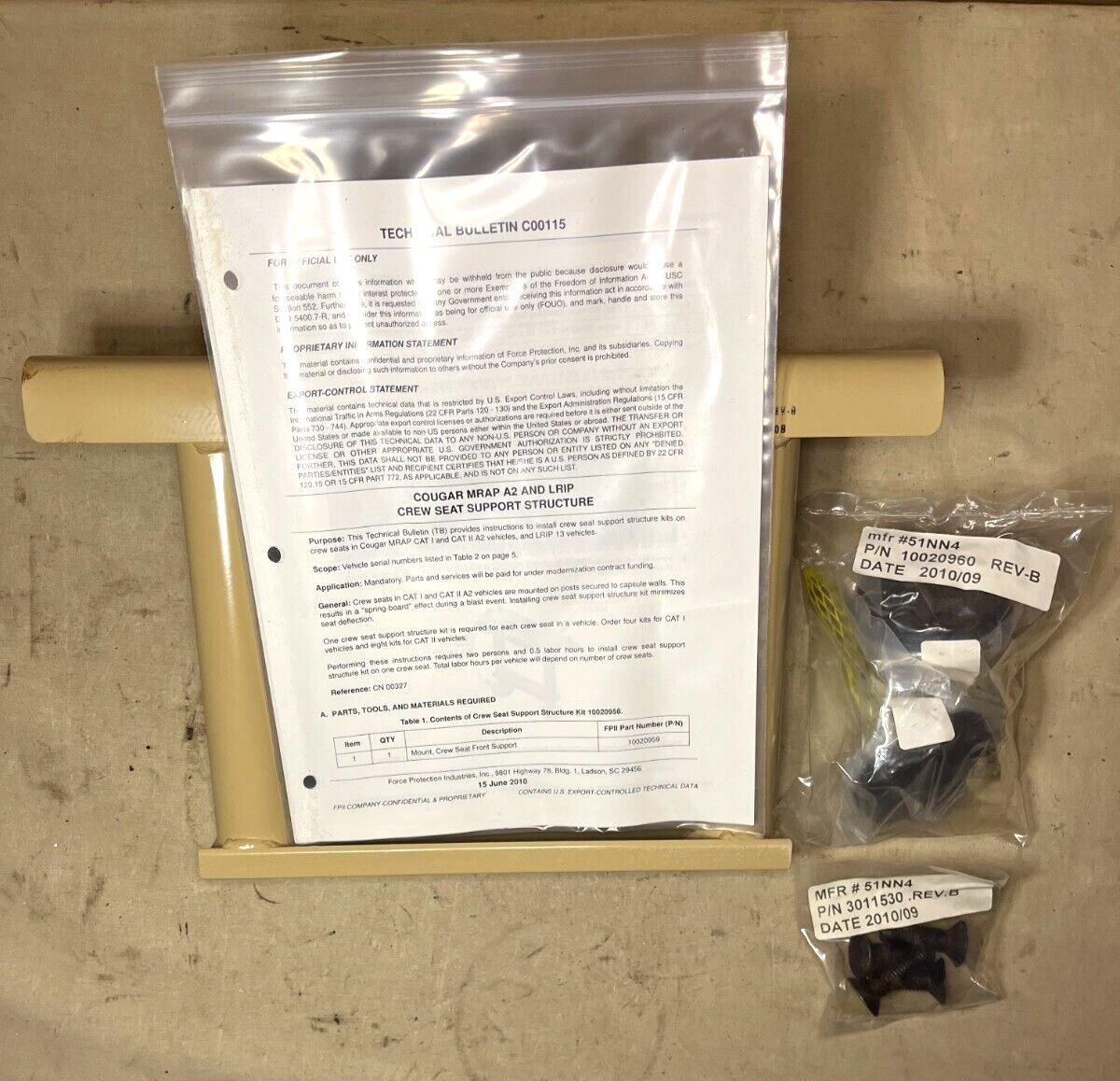 MRAP COUGAR 10020958 KIT CREW BRACKET VEHICULAR SEAT STANCHION 2540-01-611-8098