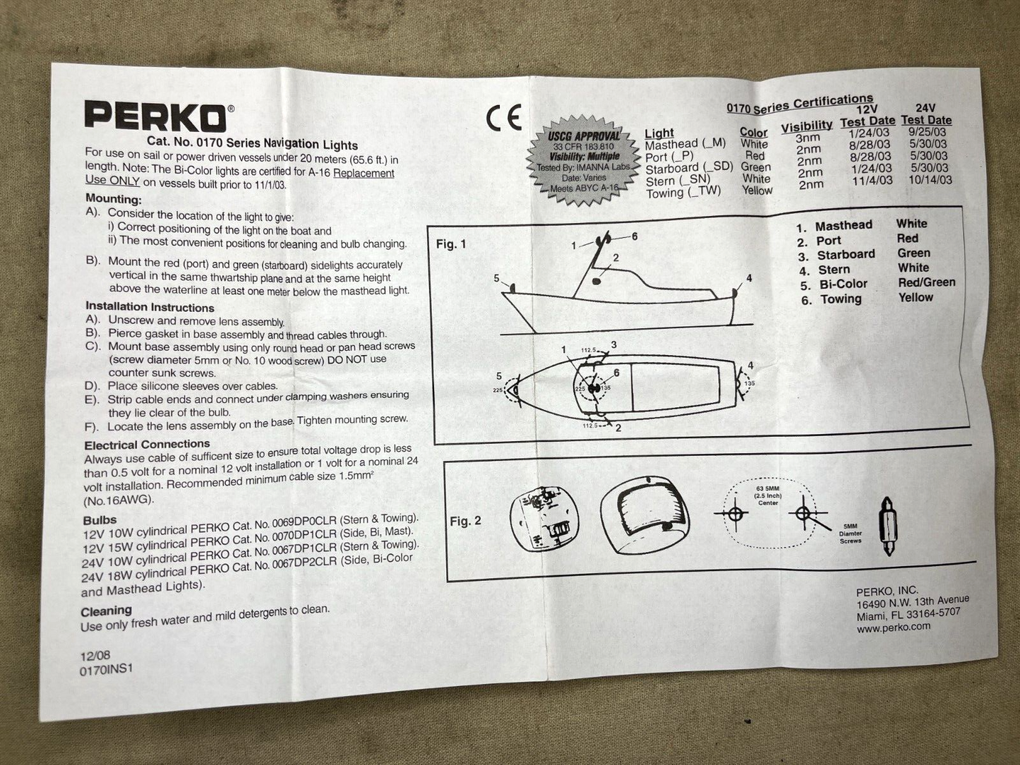 GENUINE USCG 24FT CRAFT PERKO STERN LIGHT CLEAR NO.170 BSN 12V/10W MARINE BOAT