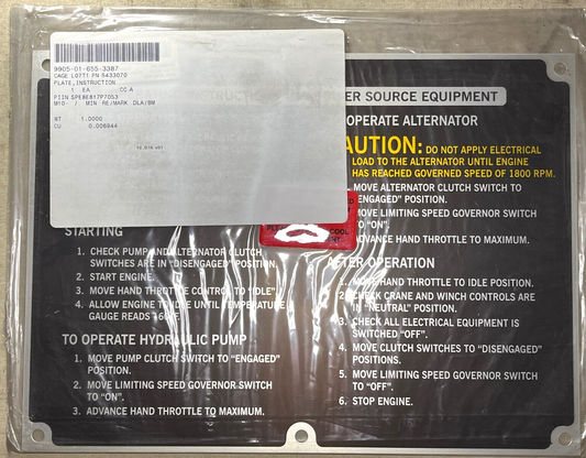 AAVR7A1 HYDRAULIC PUMP OPERATING INSTRUCTIONAL PLATE 5433070 9905-01-655-3387