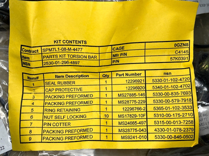 BRADLEY M2 M3 TORSION BAR PARTS KIT 57K0391 10088244 2530-01-296-4897