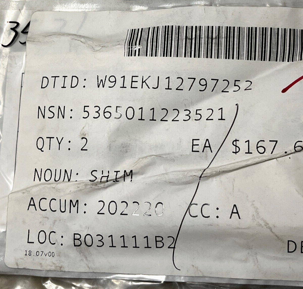 HELICOPTER CHINOOK CH-47, MH-47E 145C6121-8 F60 - SHIM 5365-01-122-3521