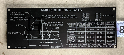 GENUINE AMK25 CARGO TRUCK SHIPPING DATA LABEL 3M BACK 3752907 7690-01-575-0860