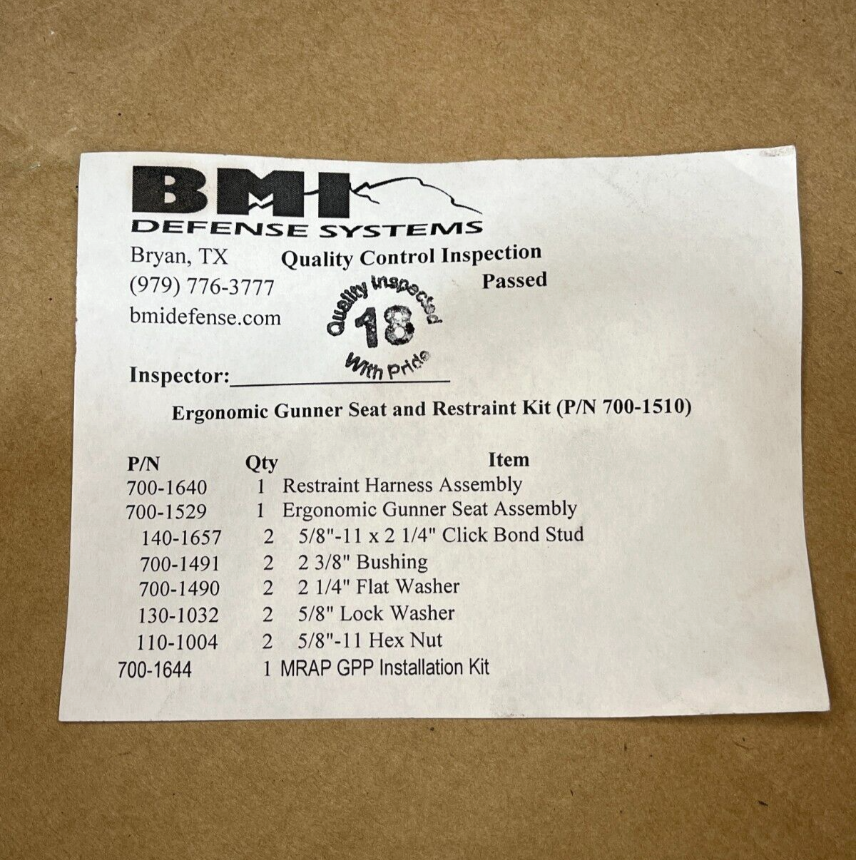 MRAP COUGAR CAT1 A2 BMI 700-1510 GUNNERS HARNESS ASSEMBLY KIT 2540-01-570-0638