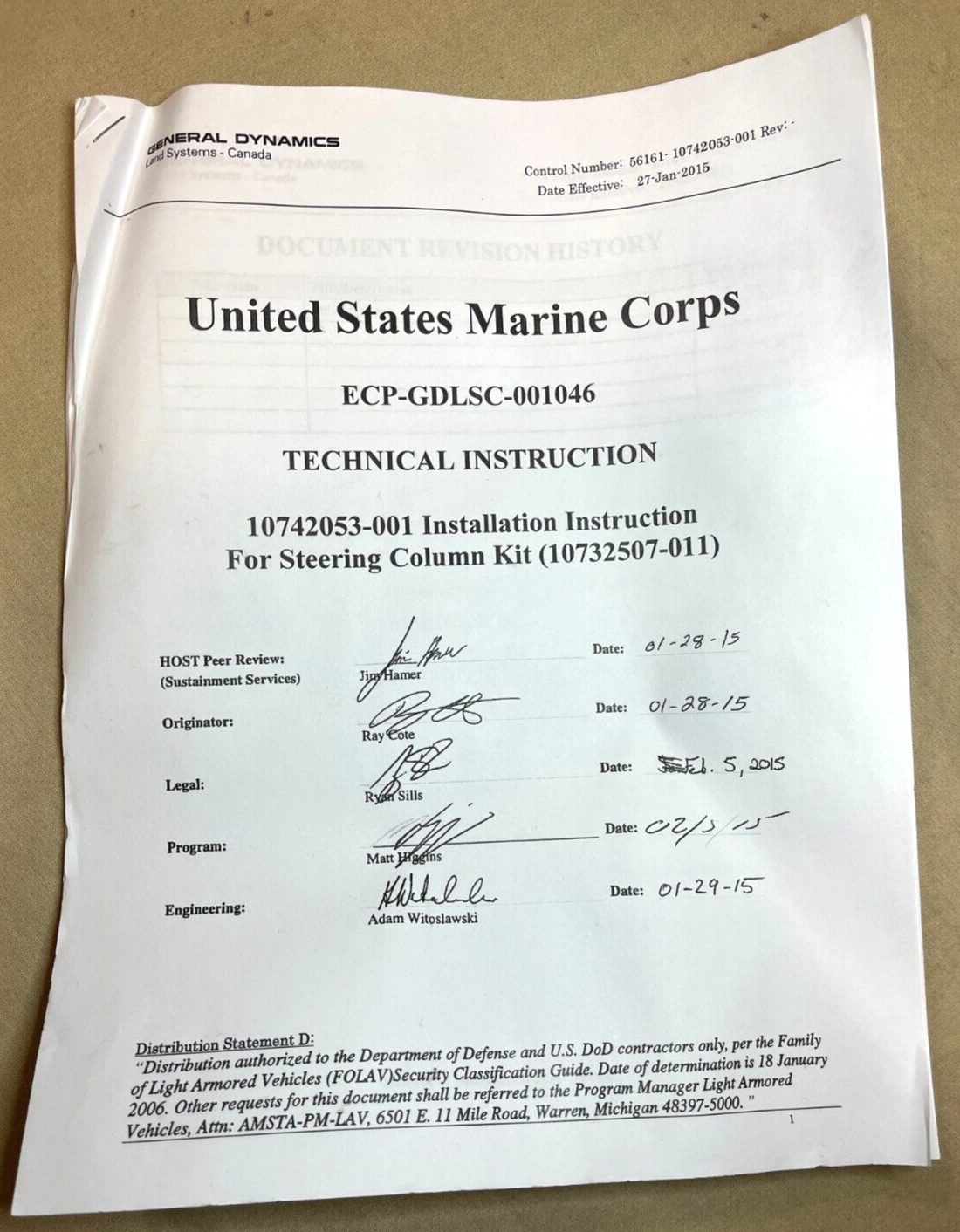 MILITARY VEHICLE 10698425-011 STEERING WHEEL COLUMN KIT 10698425 2530200089632