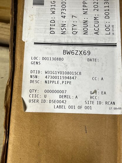 M60 AVLB ARMORED BRIDGE PLAIN STEEL PIPE NIPPLE 12" 3800 PSI 4730-01-159-4847