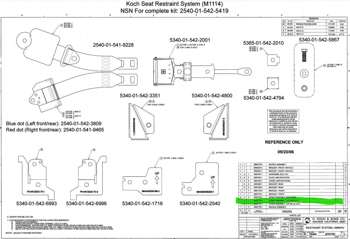 HMMWV 4 PASSENGER SEAT BELT RESTRAINT SYSTEM 2540-01-542-5419