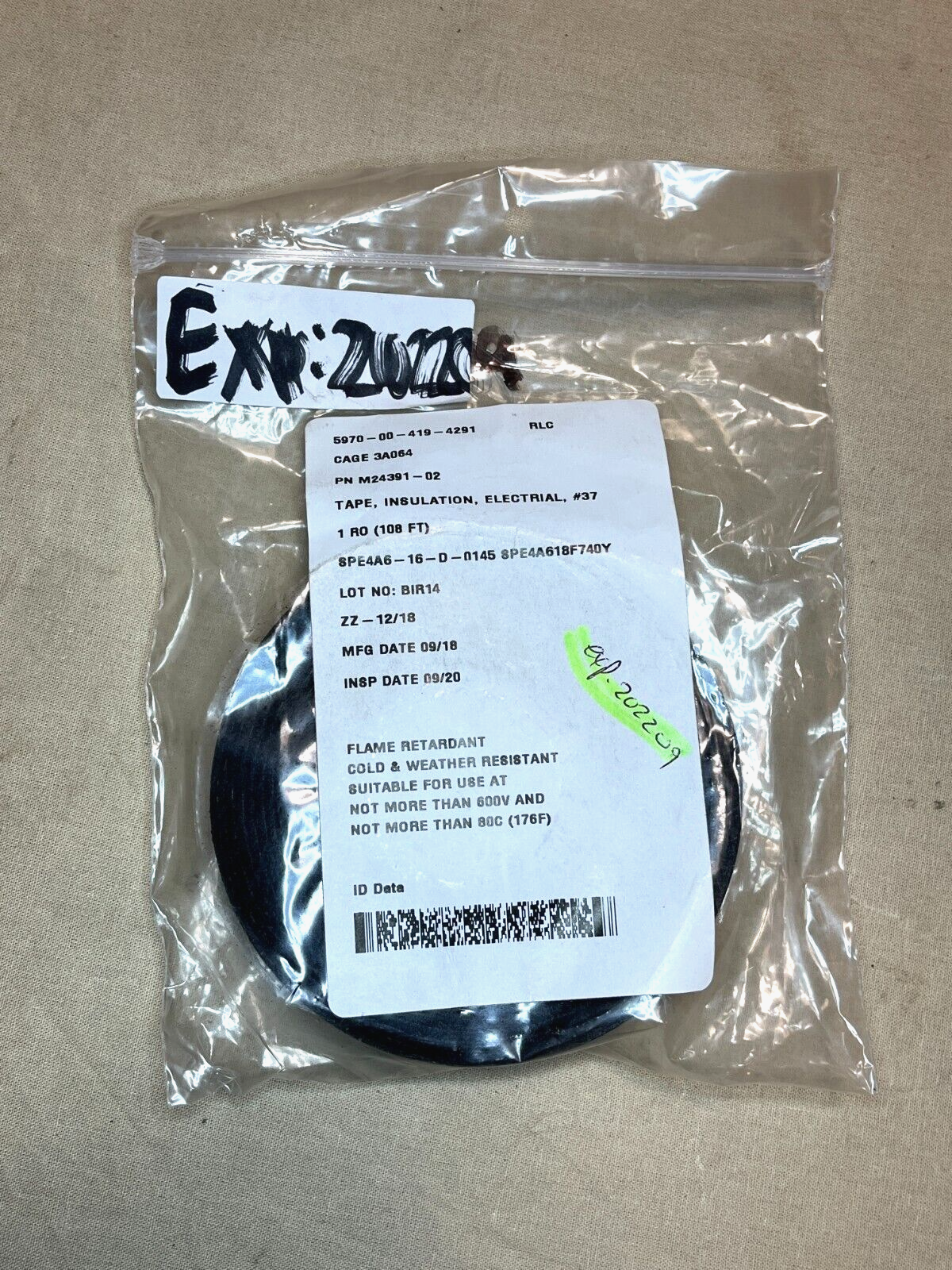 BLACK ELECTRICAL INSULATION TAPE 3/4" 108FT M24391-02 MIL-I-24391 5970004194291