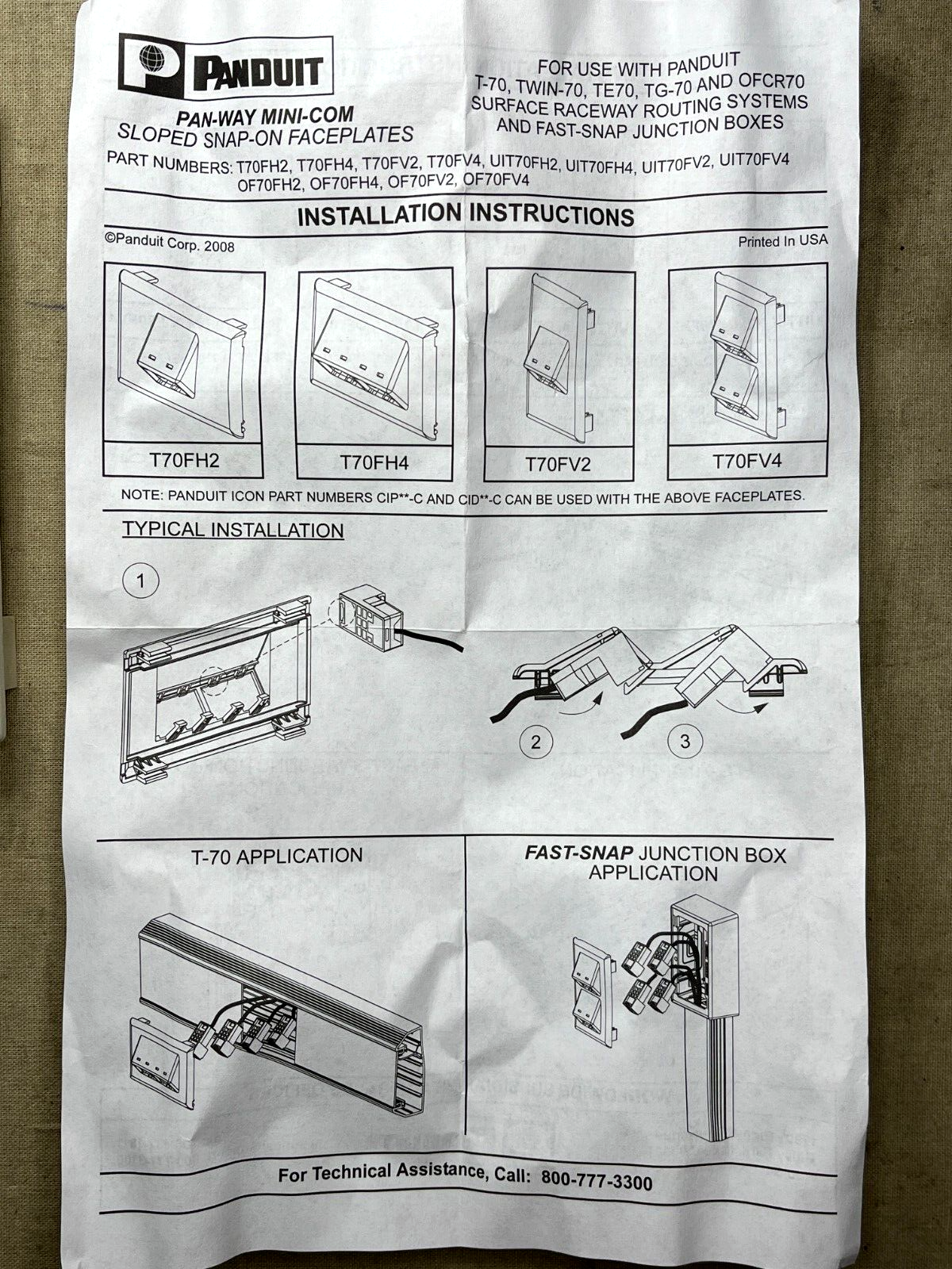 PANDUIT, SNAP-ON T-70 FACEPLATE SLOPED SURFACE RACEWAY WIRE ROUTING SYS T70FV4IW