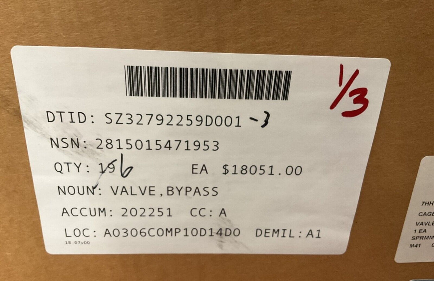 ENGINE V6 PA6 B STC PICARDIE 98730900021 BYPASS VALVE AX90/3 DE 2815-01-547-1953