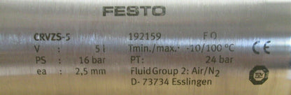 FESTO COMPRESSED AIR TANK 1.32 GALLONS 192159 R0089593 5430-01-571-1428