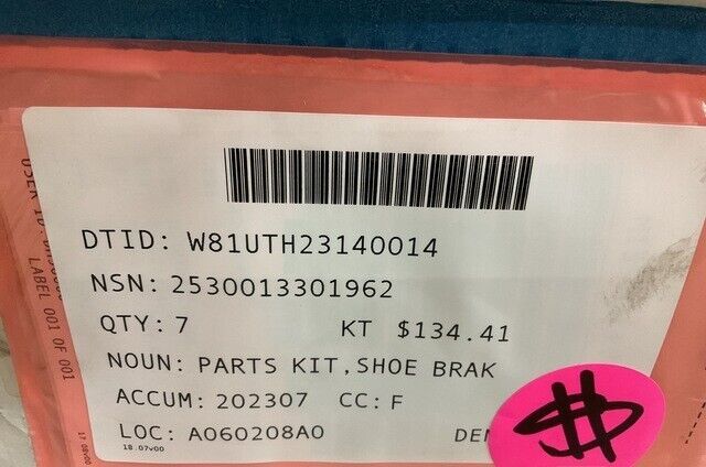 M870 SEMI TRAILER SB4692FCIIRED BRAKE SHOE PARTS KIT 57K1744 2530-01-330-1962