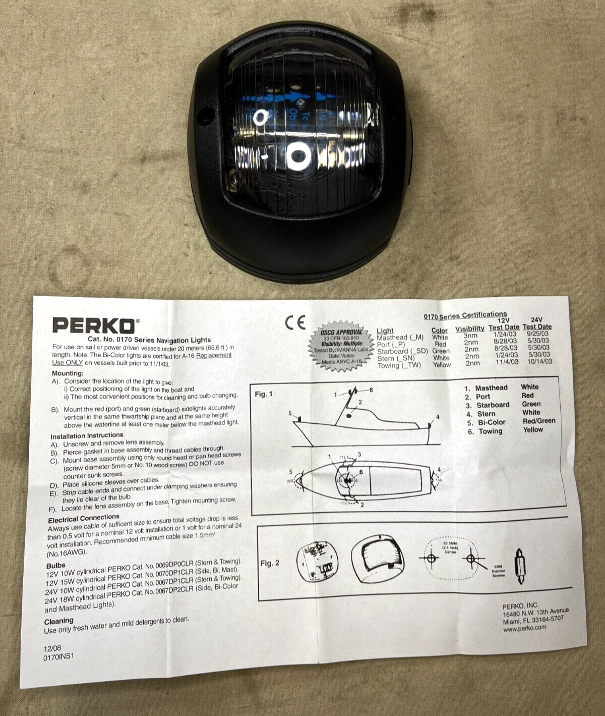 GENUINE USCG 24FT CRAFT PERKO STERN LIGHT CLEAR NO.170 BSN 12V/10W MARINE BOAT