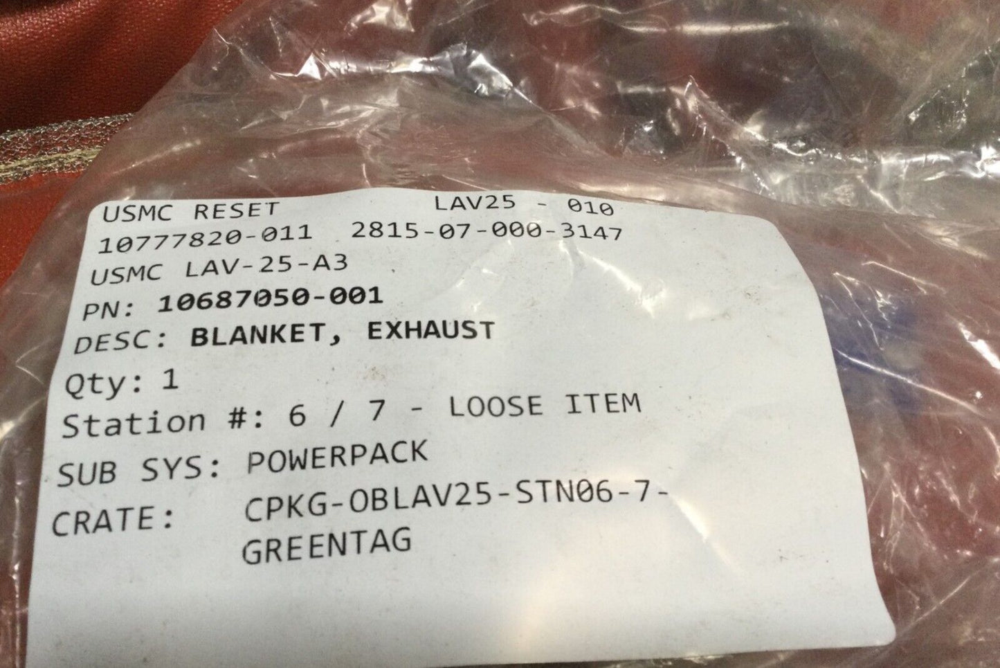 General Dynamics 10687050-001 Vehicular Exhaust Blanket 2540-20-011-9792