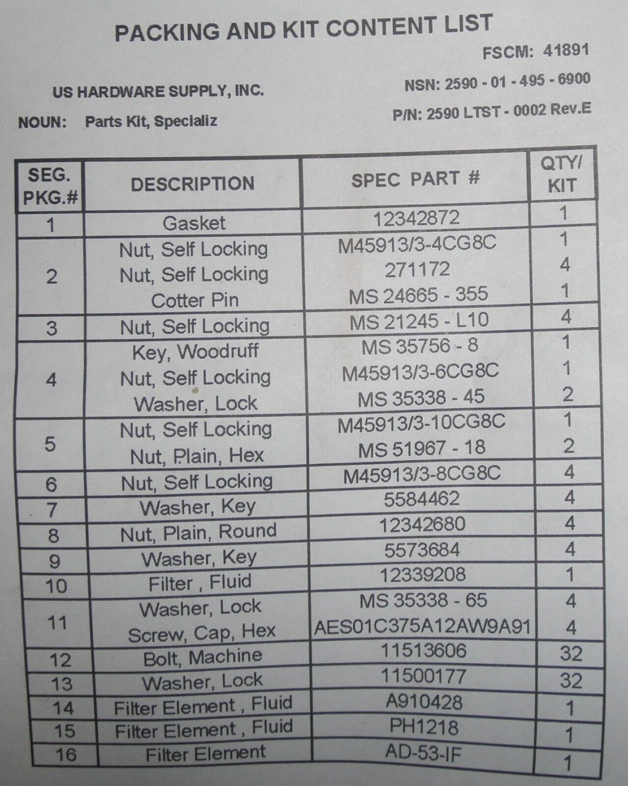 HMMWV HUMVEE M998 2590LTST0002 FLUID PRESSURE FILTER PARTS KIT 2590-01-495-6900