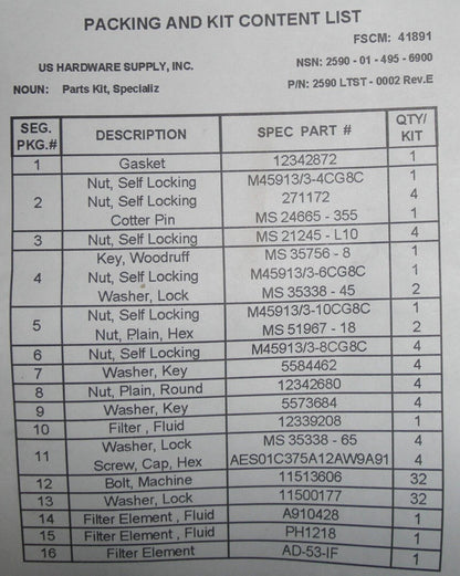 HMMWV HUMVEE M998 2590LTST0002 FLUID PRESSURE FILTER PARTS KIT 2590-01-495-6900