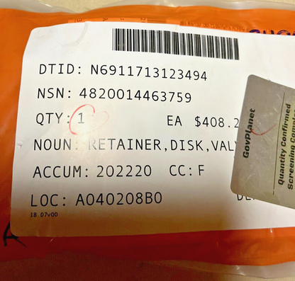 WHIDBEY ISLAND CLASS LSD B3426C VALVE DISK RETAINER D60-000-1/2 4820-01-446-3759