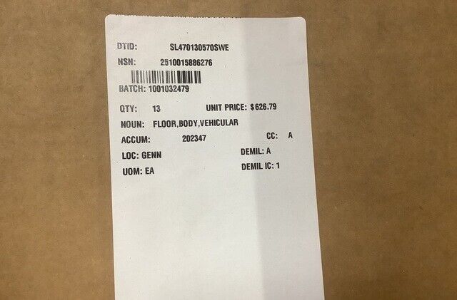 GENERAL DYNAMICS 10011044 VEHICULAR BODY FLOOR 2510-01-588-6276 NOS USA-STOCK