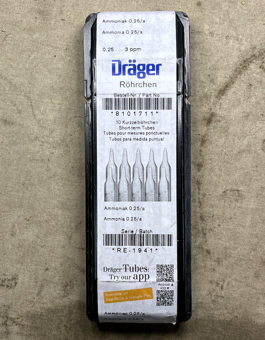 DRAGER 8101711 AMMONIA SHORT TERM DETECTOR TUBE BOX 4523105 6665-00-140-0886