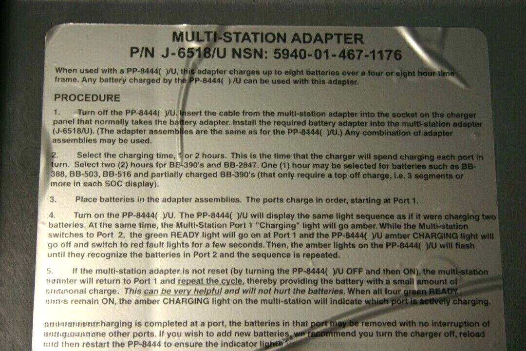 BREN-TRONICS BTA-70503A MULTISTATION BATTERY ADAPTER J-6518/U 5940-01-467-1176