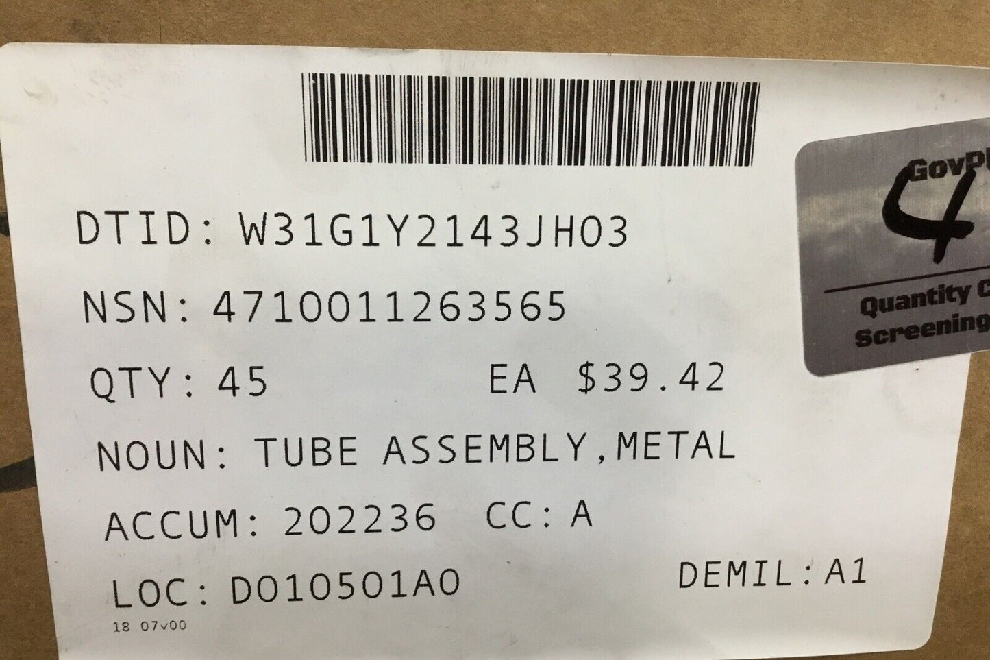 Military M1A1, M1A2 Abrams Tank Metal Tube Assembly 12304512 4710-01-126-3565