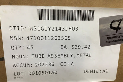 Military M1A1, M1A2 Abrams Tank Metal Tube Assembly 12304512 4710-01-126-3565