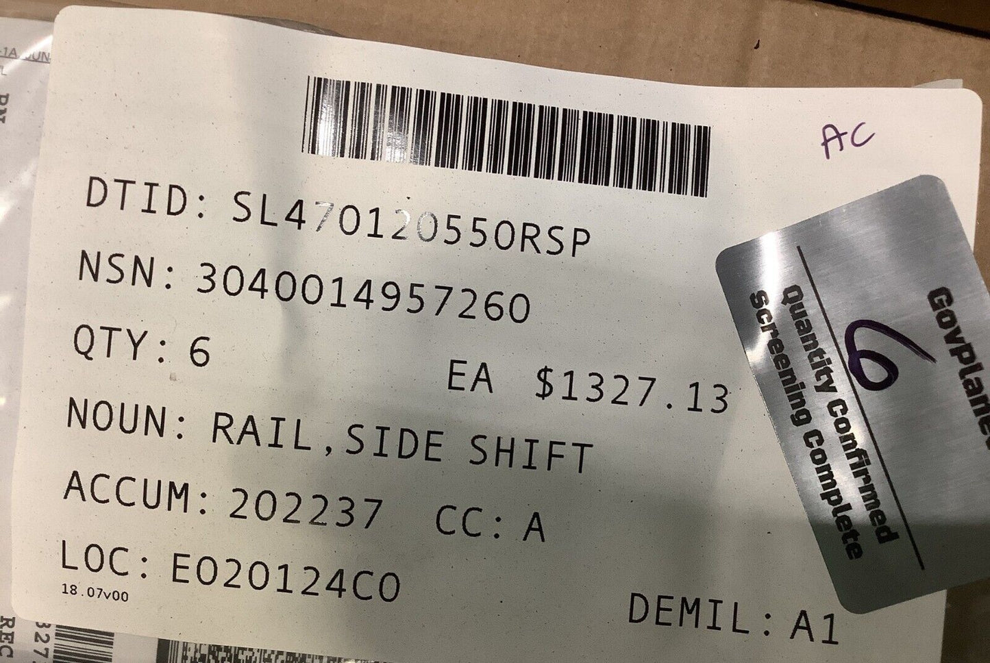 MILITARY (LRTF) MODEL TX51-19M SIDE SHIFT RAIL 10925029 3040-01-495-7260