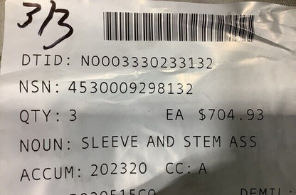 GENERAL REGULATOR 3083737X38 SLEEVE & STEM ASSEMBLY 30837-37X38 4530-00-929-8132