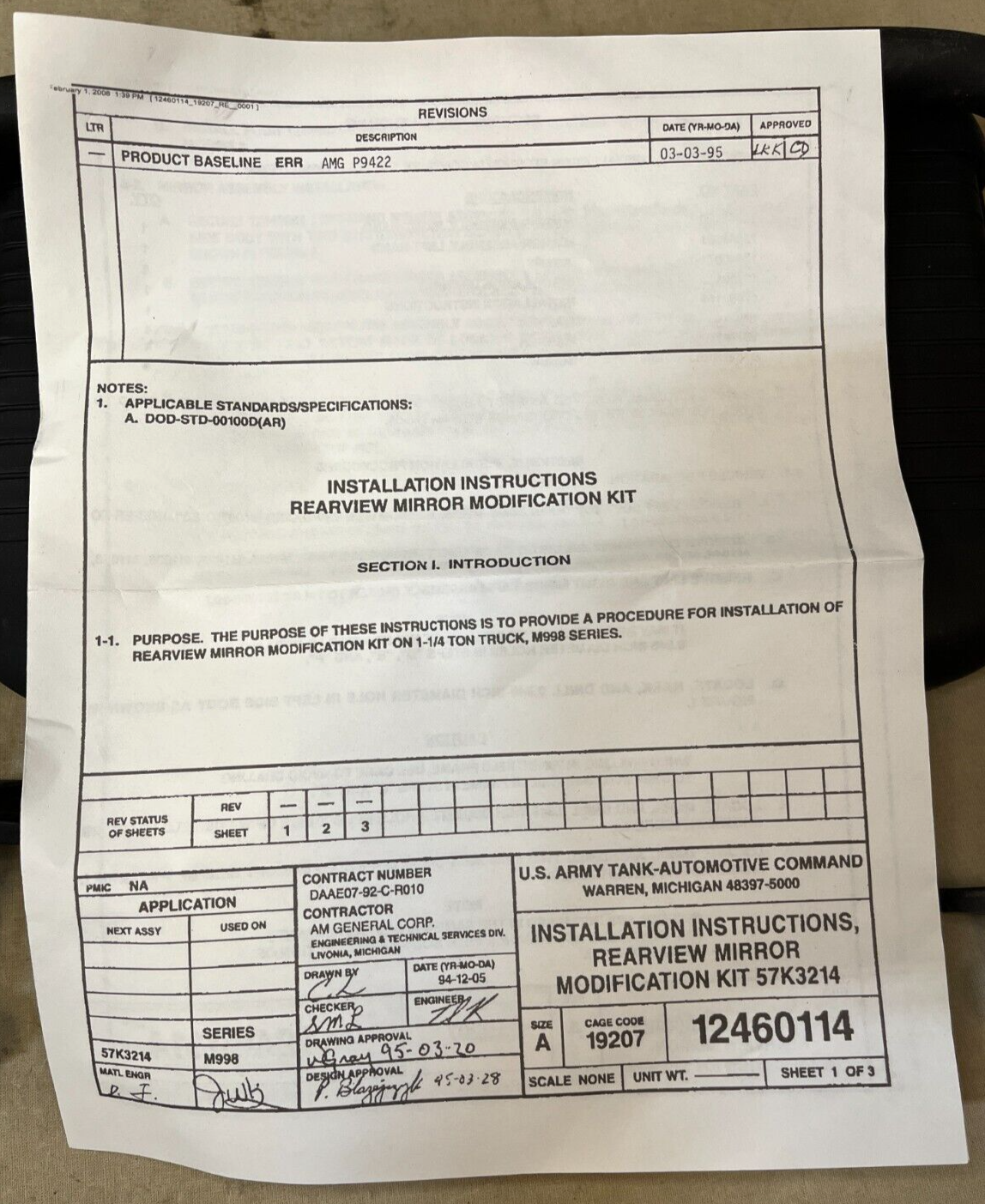 *NEW* HMMWV HUMVEE HUMMER H1 PASSENGER MIRROR ASSEMBLY M-998 12342130 BLACK