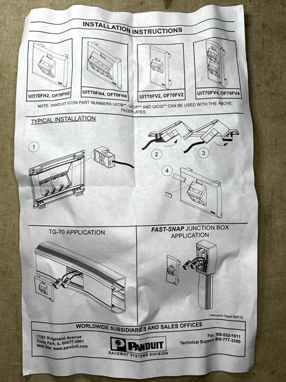 PANDUIT, SNAP-ON T-70 FACEPLATE SLOPED SURFACE RACEWAY WIRE ROUTING SYS T70FV4IW