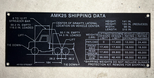 GENUINE AMK25 CARGO TRUCK SHIPPING DATA LABEL 3M BACK 3752907 7690-01-575-0860