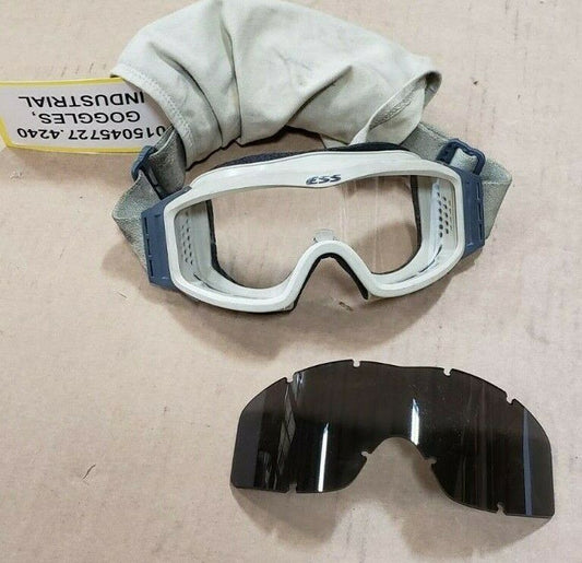 Tan ESS industrial goggles with sunglass insert and cover