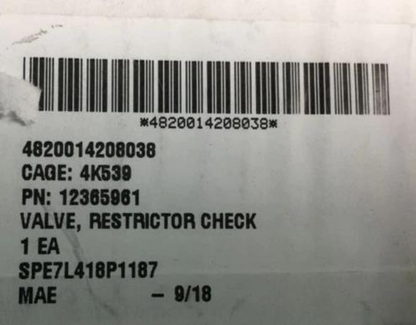 M1150 ABV, M88 ARV 12365961 AUTOMATIC RESTRICTOR CHECK VALVE RH 4820-01-420-8038