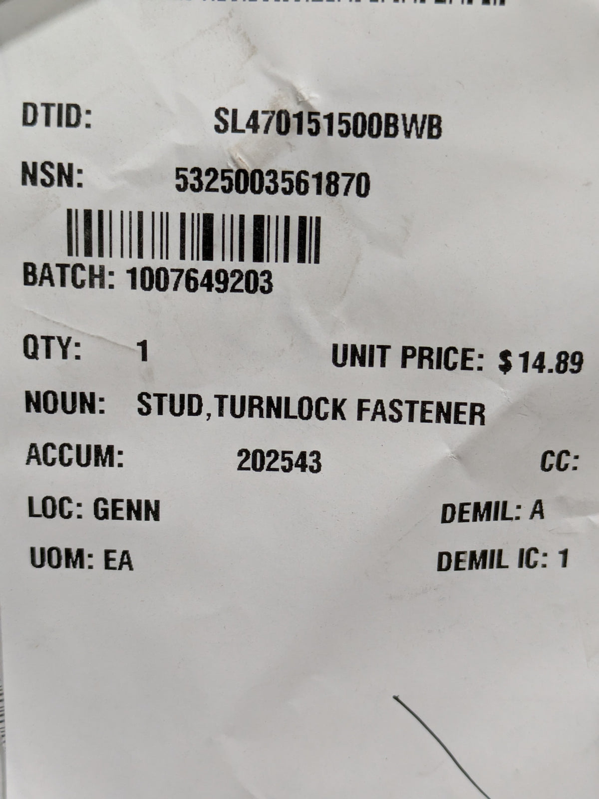 The Boeing Company 3M303C4-2 Turnlock Fastener Stud - NSN 5325-00-356-1870 - inventory label