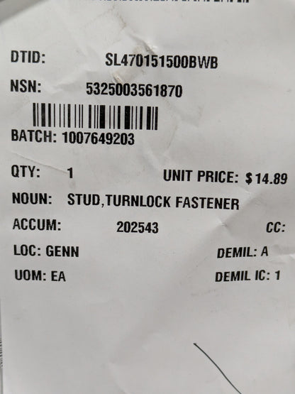 The Boeing Company 3M303C4-2 Turnlock Fastener Stud - NSN 5325-00-356-1870 - inventory label