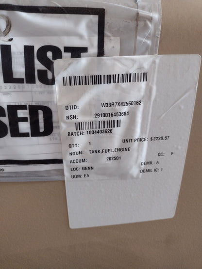 U S Army Tank Automotive Command 12562989 Engine Fuel Tank - NSN 2910-01-645-3684 - inventory label