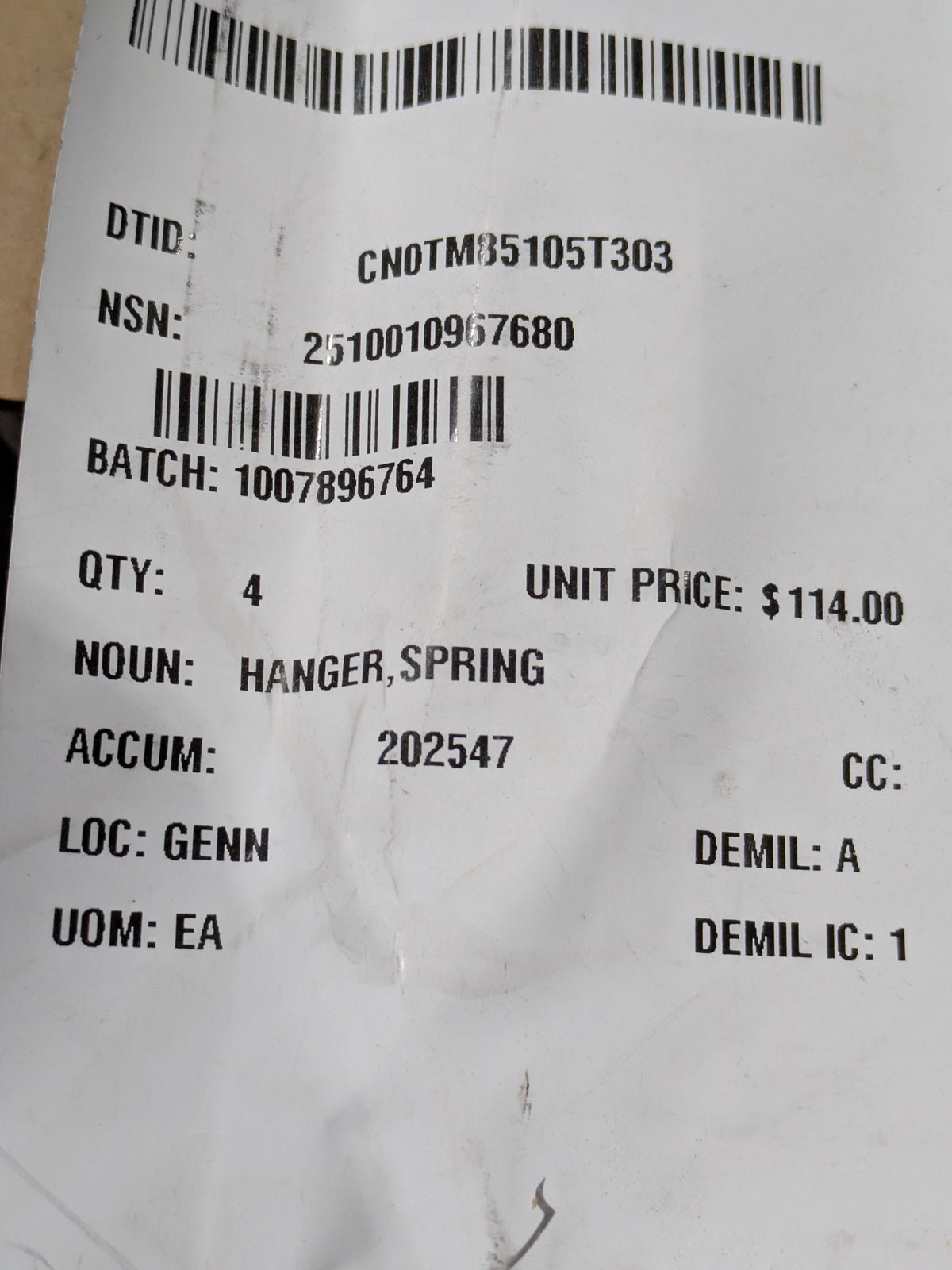 General Motors LLC 6271344 Spring Hanger - NSN 2510-01-096-7680 - inventory label