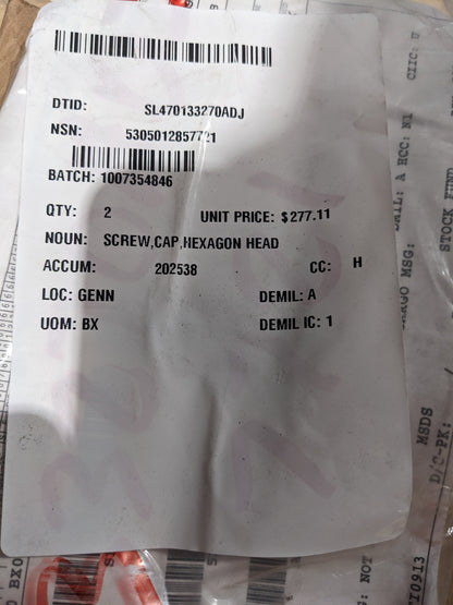 Military Specifications M1222RN10C228GFNZE Hexagon Cap Screw - NSN 5305-01-285-7721 - inventory label