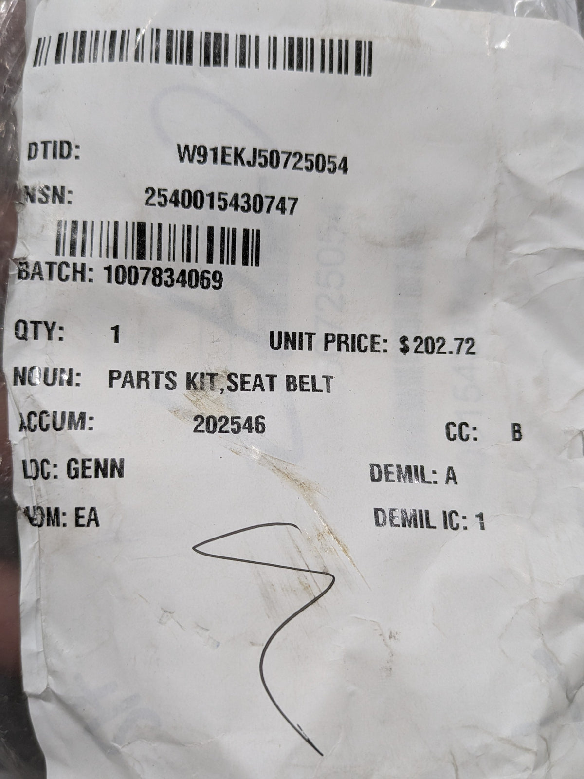 Schroth Safety Products 901-US-07301-1 Parts Kit, Seat Belt - NSN 2540-01-543-0747 - inventory label