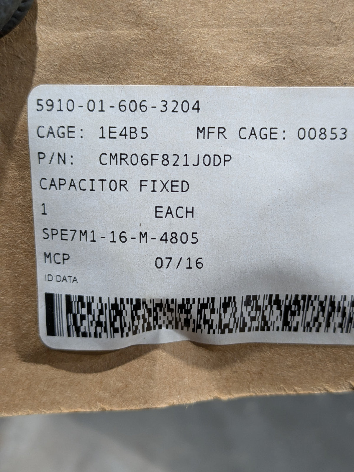 Military Specifications CMR06F821JODP Fixed Capacitor - NSN 5910-01-606-3204 - inventory label
