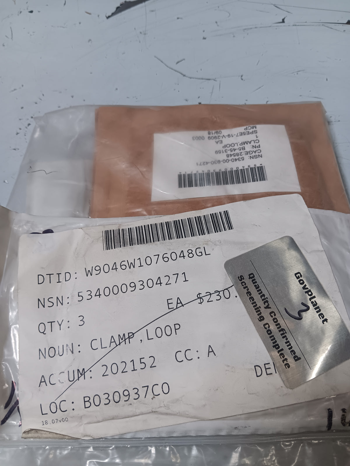 Edgewood Chemical Biological Center B5-45-3159 Loop Clamp - NSN 5340-00-930-4271 - inventory label