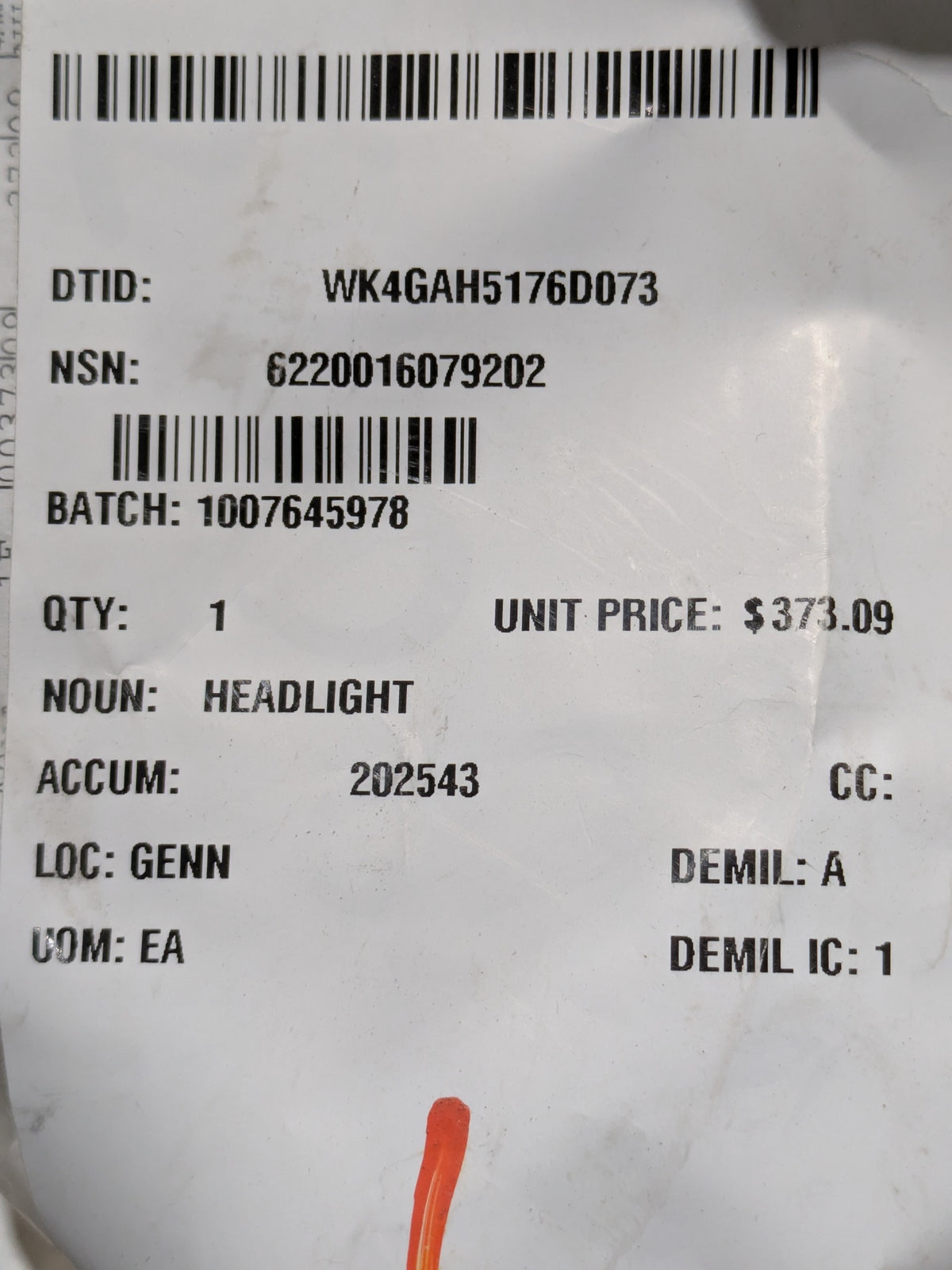 Truck-Lite Co., LLC 07380A Headlight - NSN 6220-01-607-9202 - inventory label