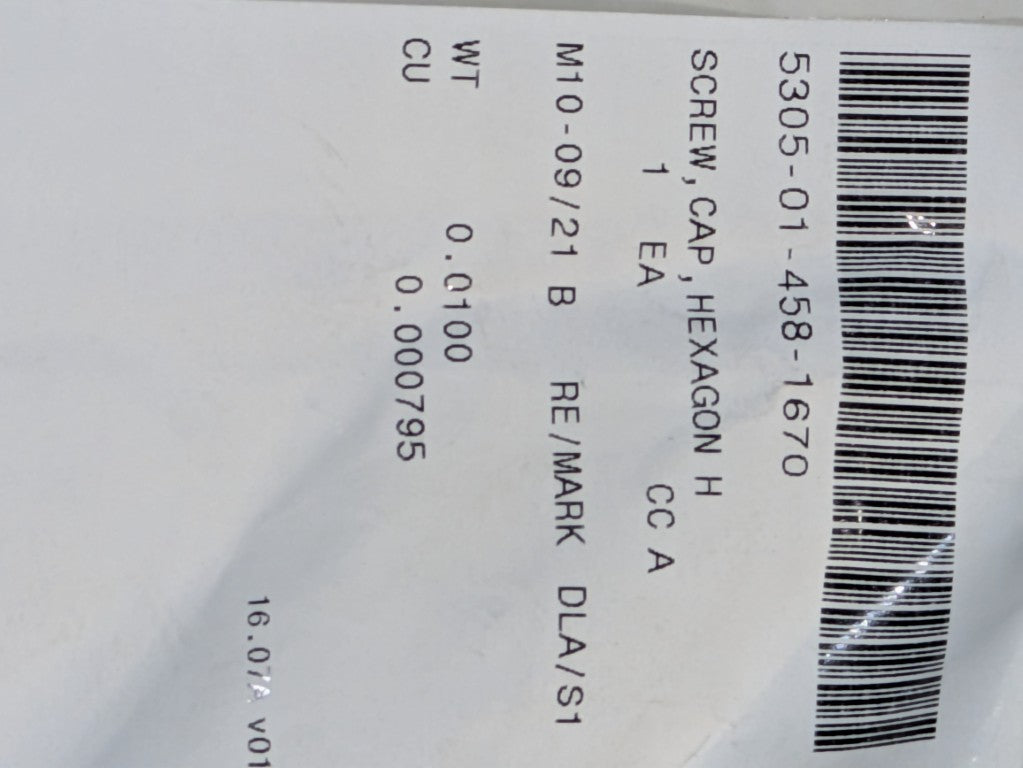 AES01C375E50AW9AA1 Hexagon Cap Screw - NSN 5305-01-458-1670 - inventory label
