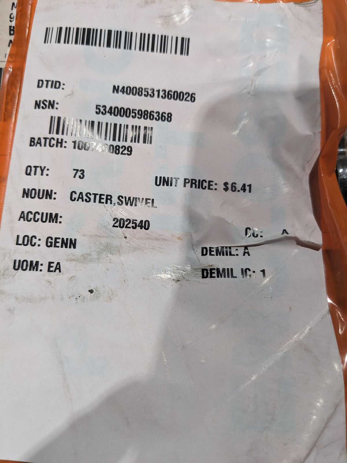 Monroe Engineering Products Inc MC2-L9-201G Swivel Caster - NSN 5340-00-598-6368 - inventory label