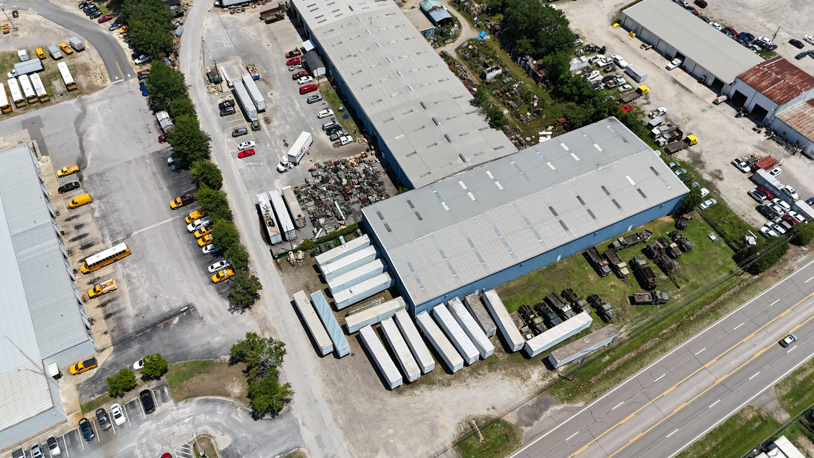 Aerial view over the SECO warehouses and vehicle rows